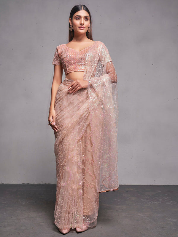 Mitera Peach-Coloured & Silver-Toned Ethnic Motifs Embroidered Net Saree - Distacart
