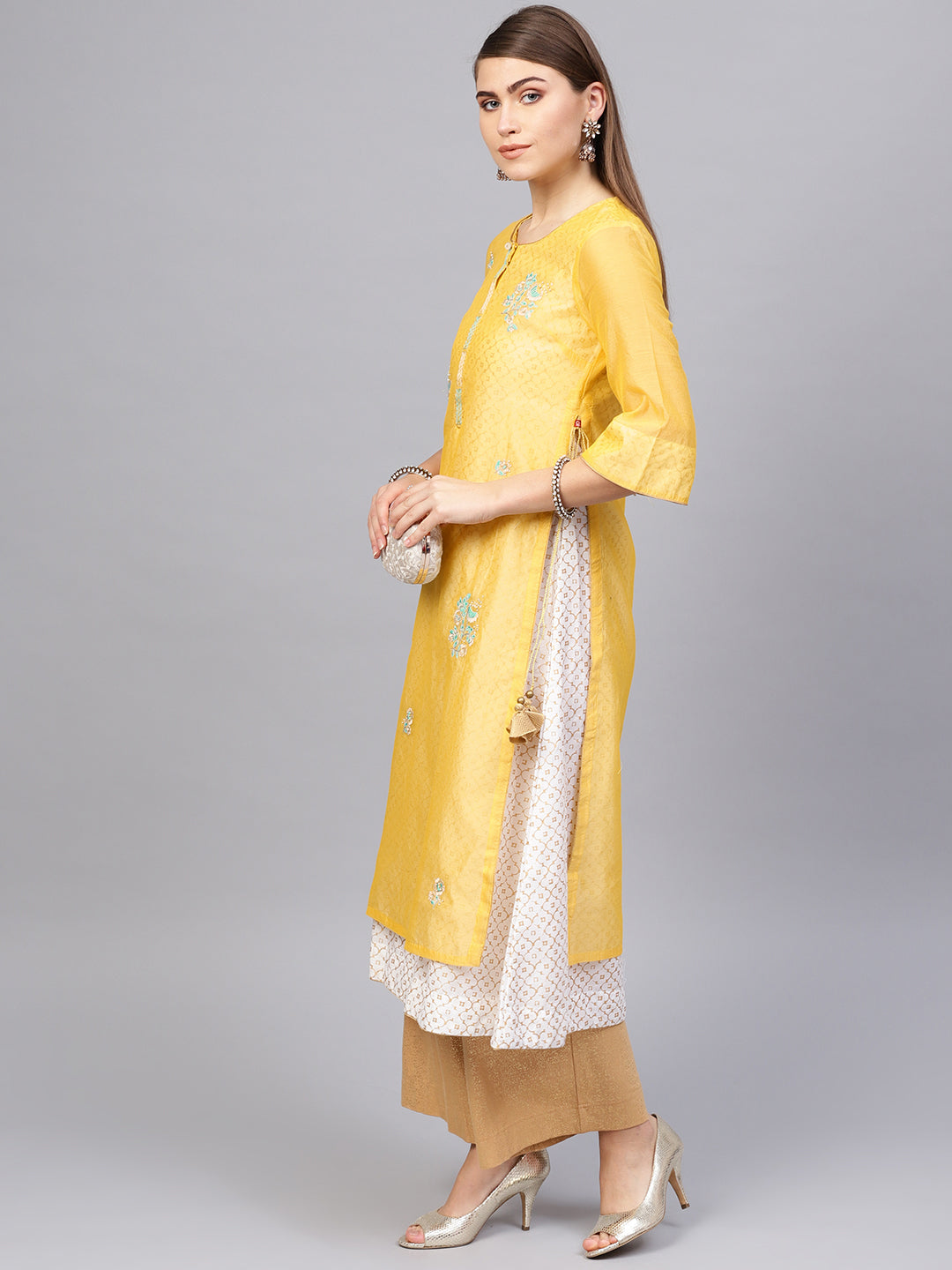 Biba Women Yellow & Off-white Embroidered Layered A-Line Kurta - Distacart