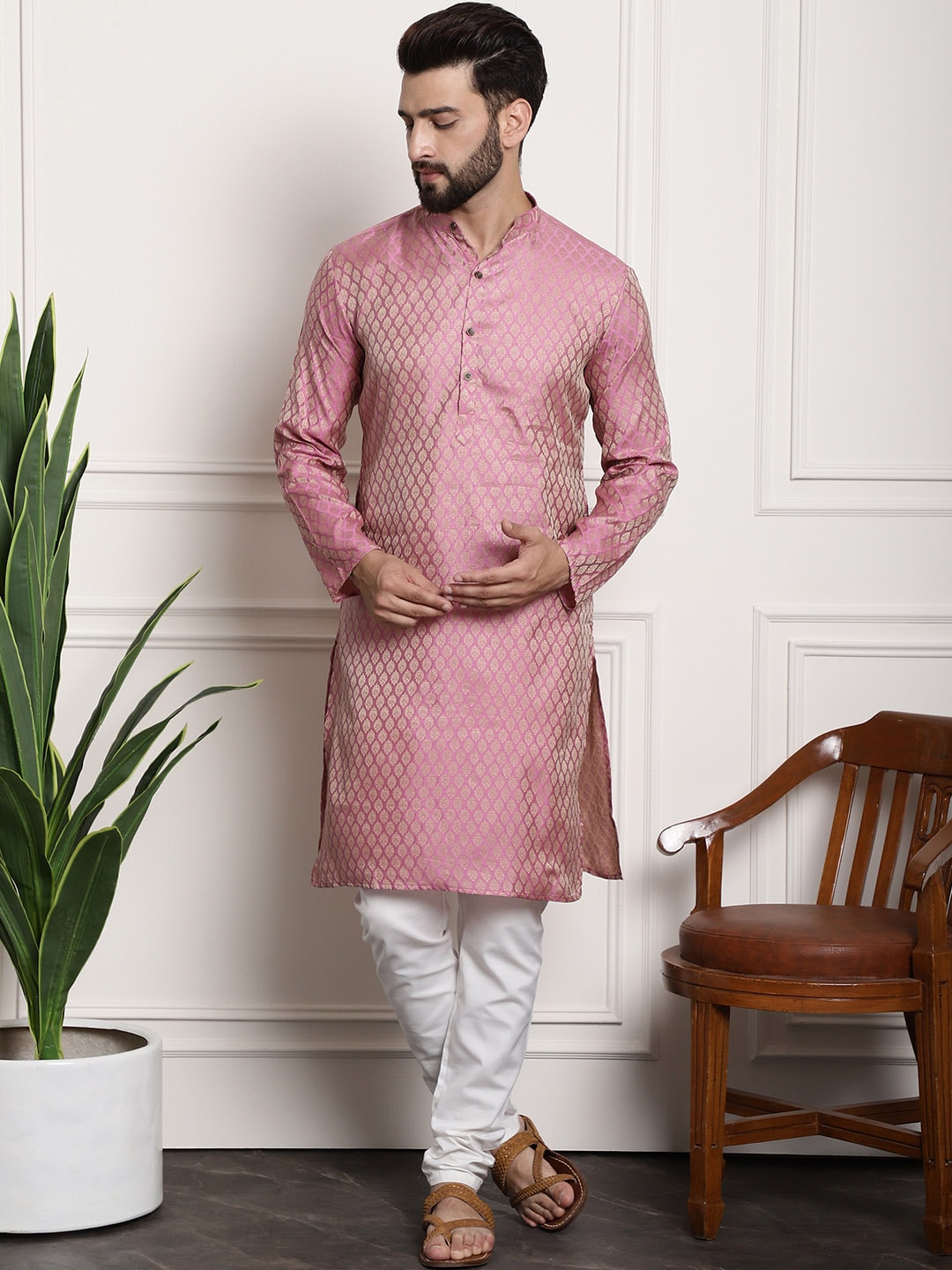 Sojanya Men Pink & Off-White Woven Design Kurta with Churidar - Distacart