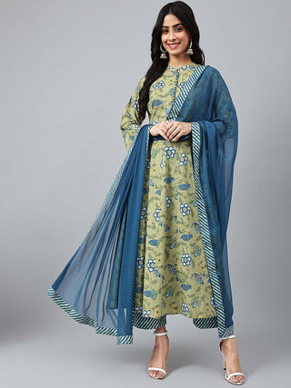Khushal K Ethnic Motifs Printed Pure Cotton Kurta with Palazzos & Dupatta - Distacart