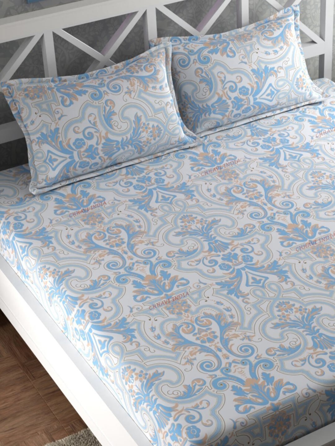CHHAVI INDIA Blue & White Ethnic Motifs 210 TC King Bedsheet with 2 Pillow Covers - Distacart