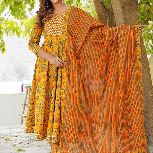 Kalini Floral Printed Gotta Patti Pure Cotton Kurta with Trousers & Dupatta - Distacart