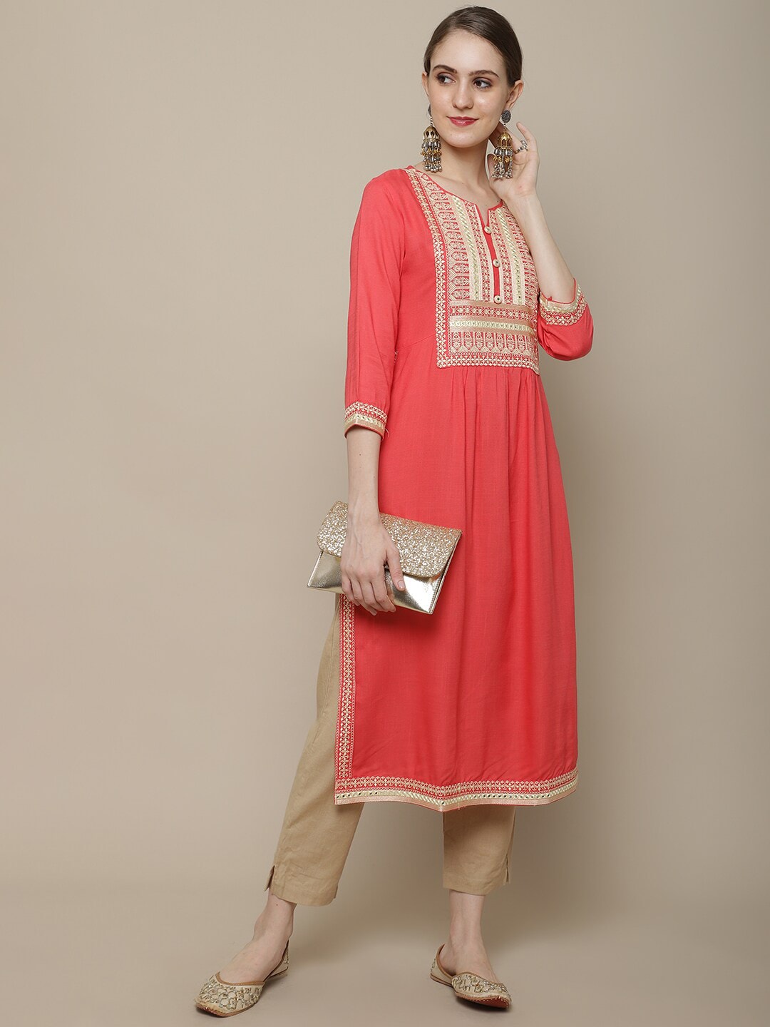 Sangria Women Coral Ethnic Motifs Yoke Design Kurta - Distacart