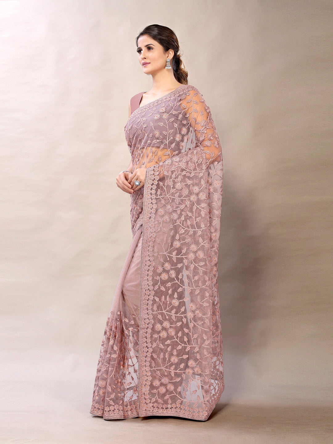 Sangria Pink Floral Net Embroidered Heavy Work Saree - Distacart