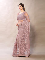Thumbnail for Sangria Pink Floral Net Embroidered Heavy Work Saree - Distacart
