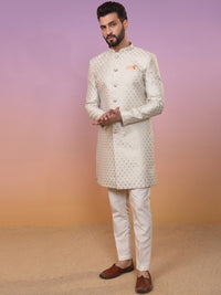 Thumbnail for KISAH Ethnic Motifs Woven Design Mandarin Collar Sherwani Set - Distacart