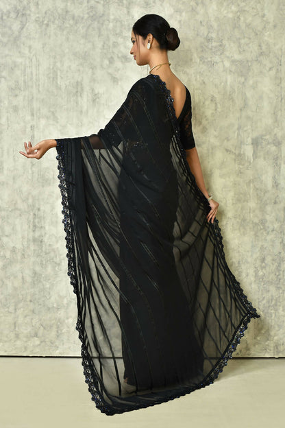 Black Silk Stripe Saree With Blouse Piece - Purvi - Distacart