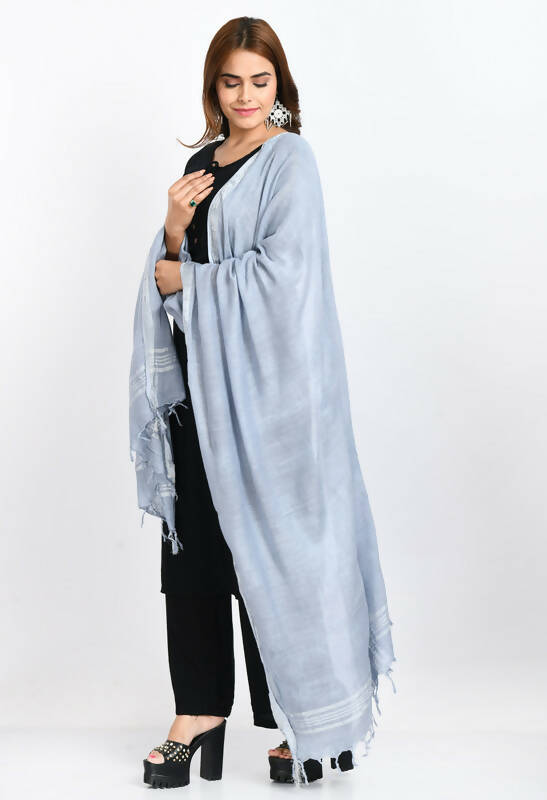 Mominos Fashion Moeza Women's Linen Cotton Silver Border Grey Dupatta - Distacart