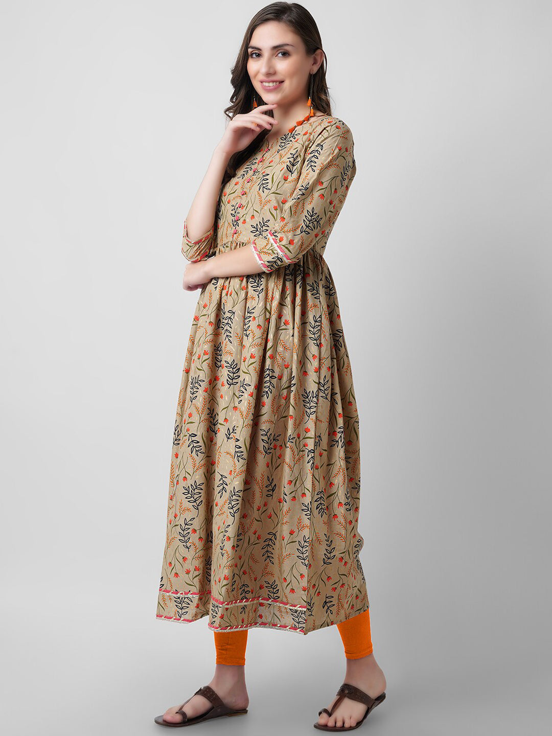 Kalini Women Brown Floral Printed Flared Sleeved Pure Cotton Anarkali Kurta - Distacart