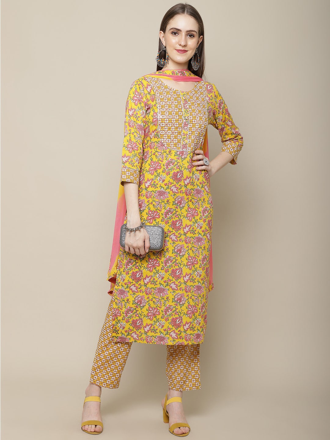 Sangria Women Yellow Printed Gotta Patti Pure Cotton Kurta with Trousers & Dupatta - Distacart