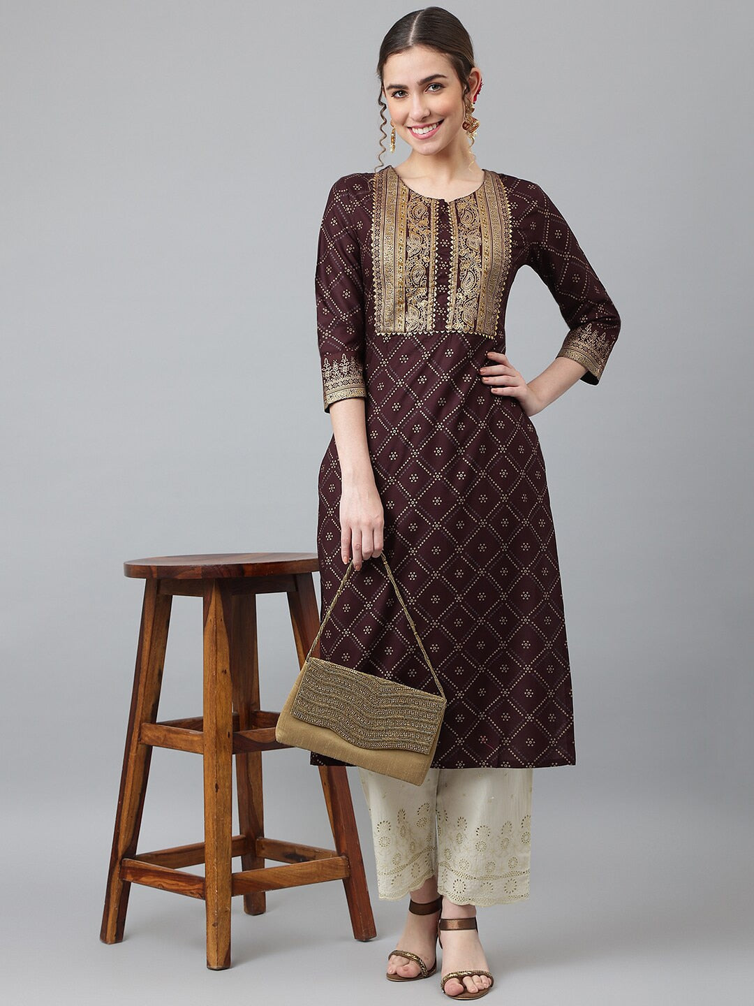 Khushal K Women Brown & Gold-Toned Ethnic Motifs Printed Straight Kurta - Distacart