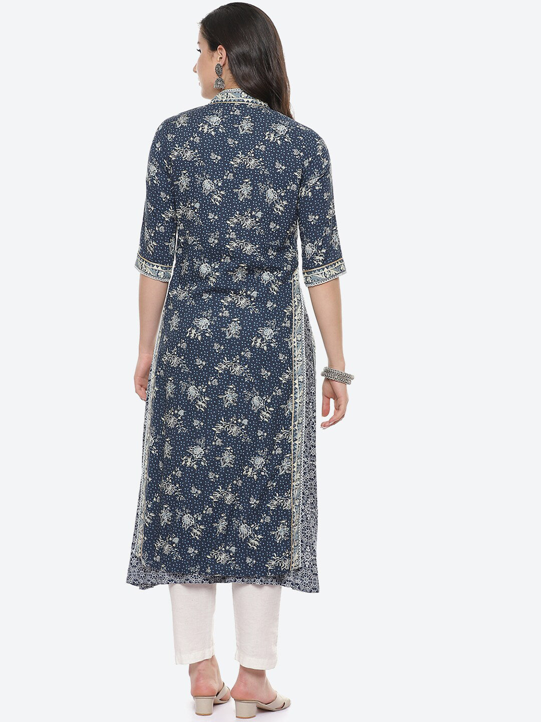 Biba Women Navy Blue & Beige Floral Printed Kurta - Distacart