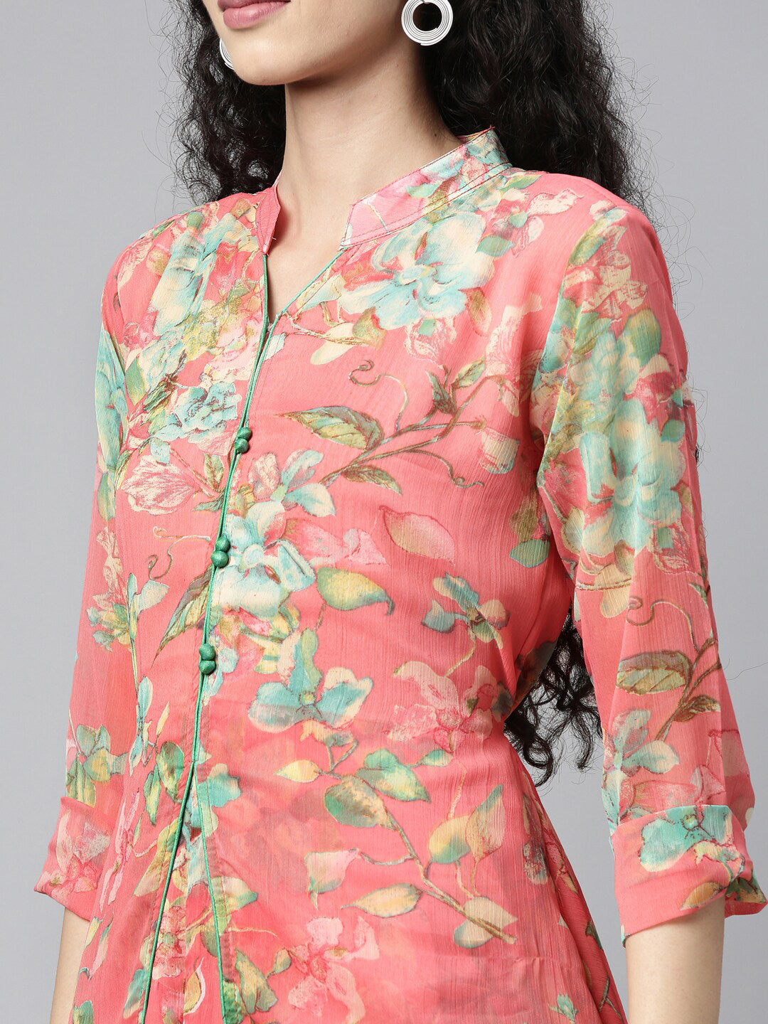 Souchii Women Pink & Green Floral Layered A-Line Midi Dress - Distacart