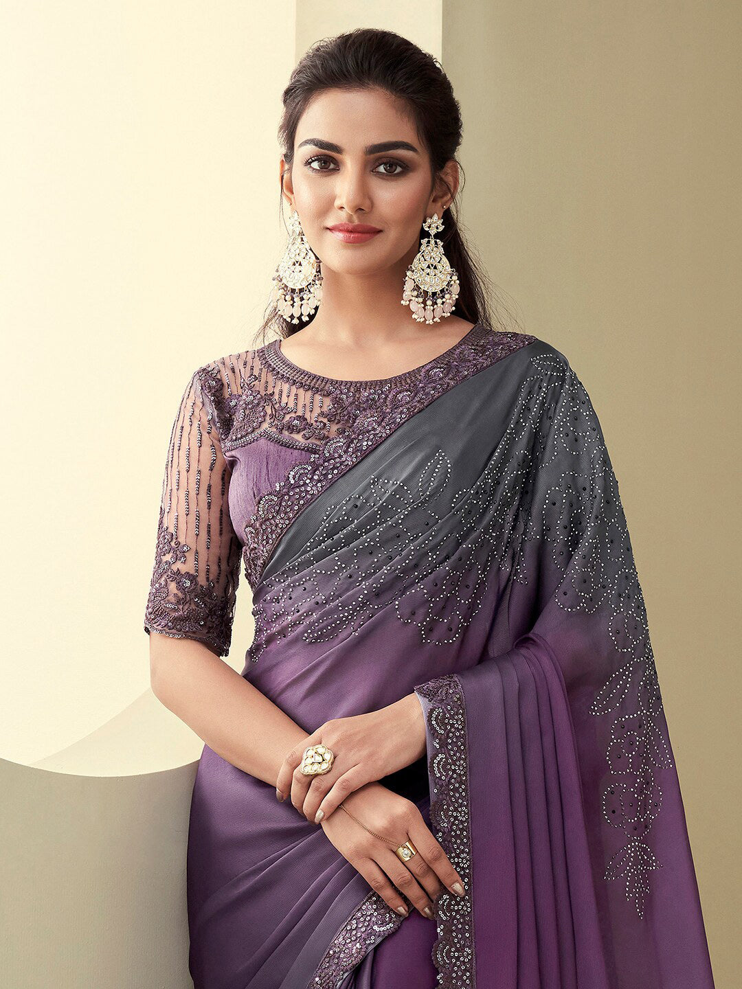 Mitera Violet & Grey Embellished Pure Georgette Saree - Distacart