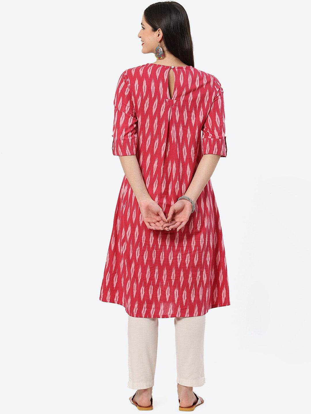 Biba Woven Design Ikat Roll Up Sleeves A-Line Pure Cotton Kurta - Distacart
