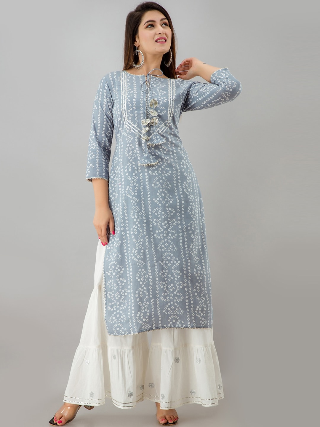 HERE&NOW Grey Bandhani Printed Gotta Patti Kurta with Sharara - Distacart