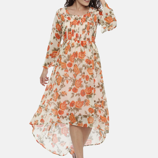 Souchii Cream-Coloured Printed A-Line Dress - Distacart