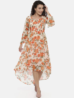 Souchii Cream-Coloured Printed A-Line Dress - Distacart