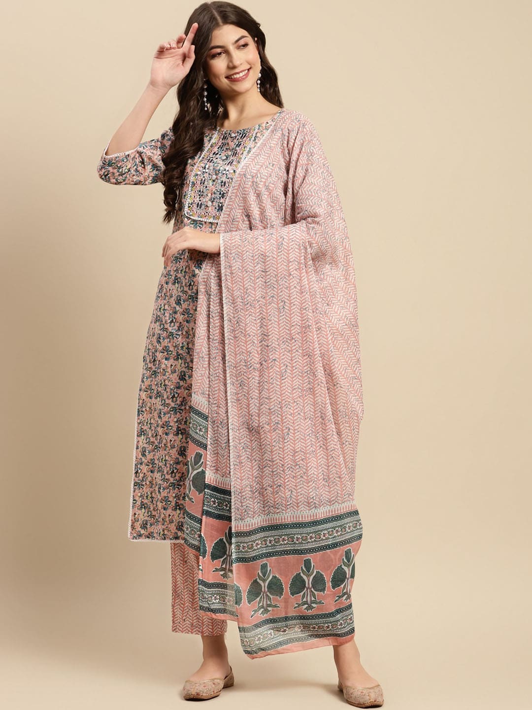 Sangria Peach & Blue Floral-Printed Pure-Cotton Straight Kurta With Trouser & Dupatta - Distacart