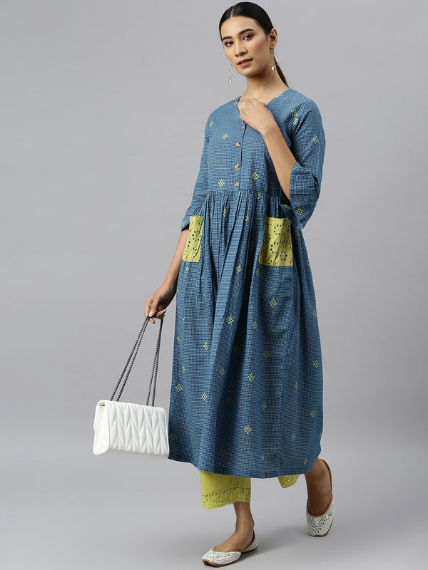 Khushal K Women Blue Geometric Striped Flared Sleeves Anarkali Kurta - Distacart