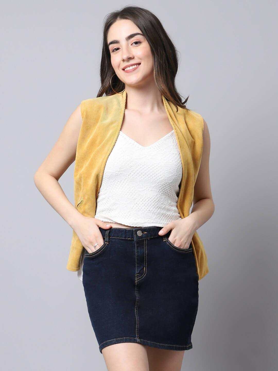 Even Apparels Mustard Polyblend Open Front Women's Waistcoat - Distacart