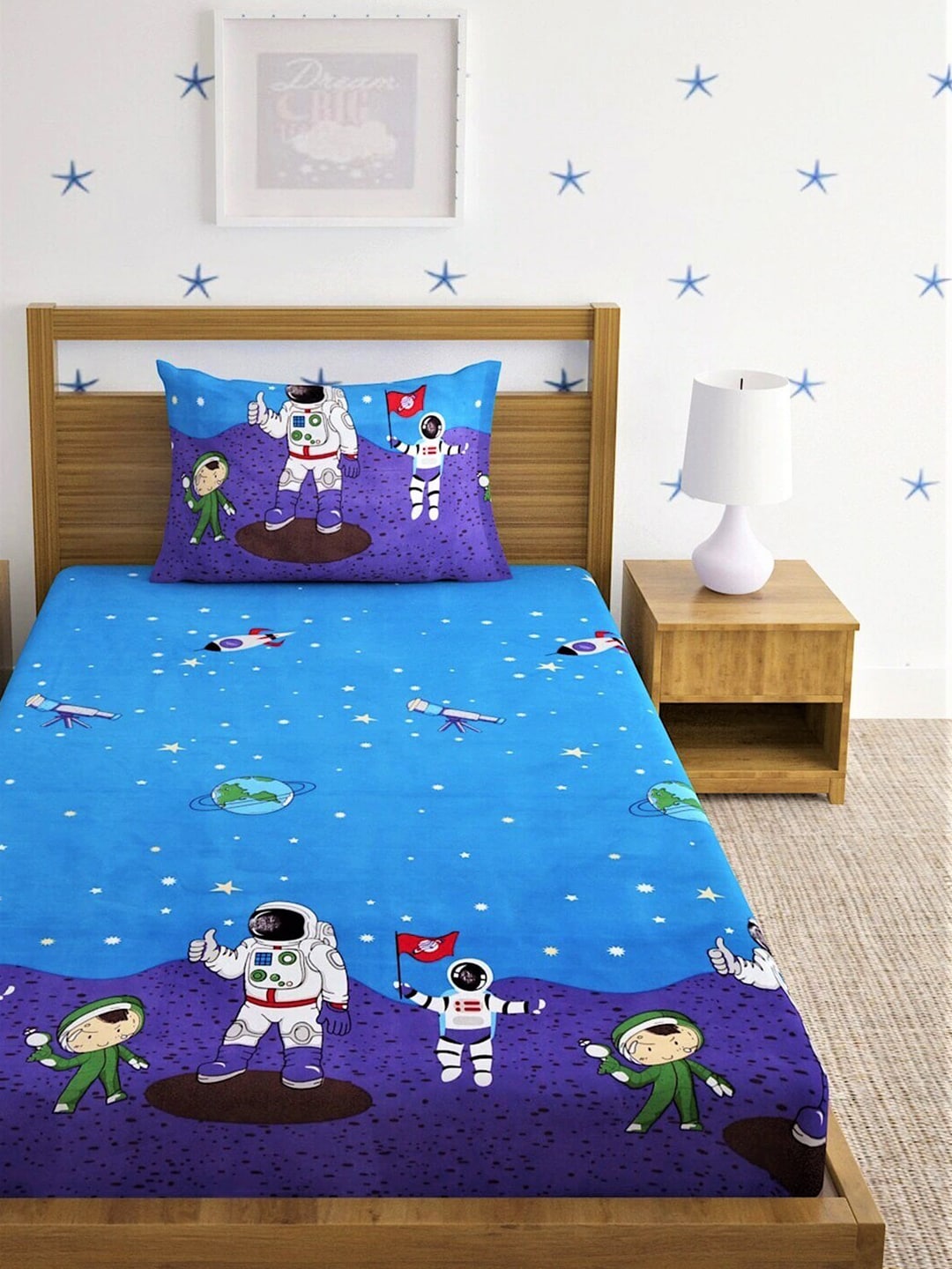 Home Sizzler Blue & White Cartoon Characters 210 TC Single Bedsheet with 1 Pillow Covers - Distacart