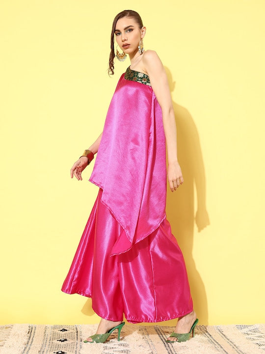 InWeave Women's Pink Green Brocade Satin Oneshoulder Kurta Set - Distacart