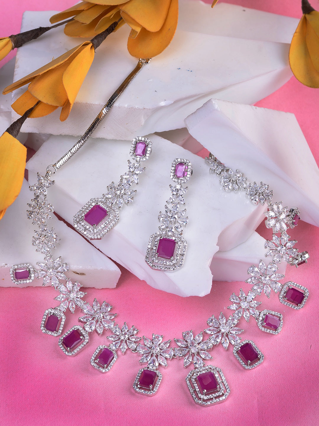 Saraf RS Jewellery Rhodium-Plated Pink AD studded Jewellery Set - Distacart