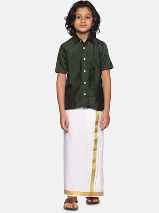 Sethukrishna Boys Green & White Solid Shirt with Dhoti Set - Distacart