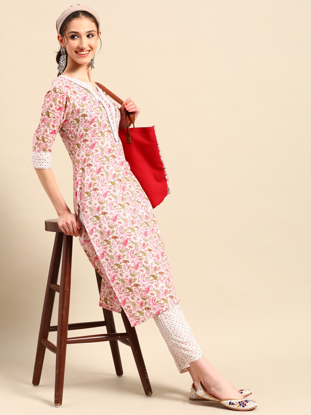 Sangria Women Paisley Printed Gotta Patti Kurta With Trousers - Distacart