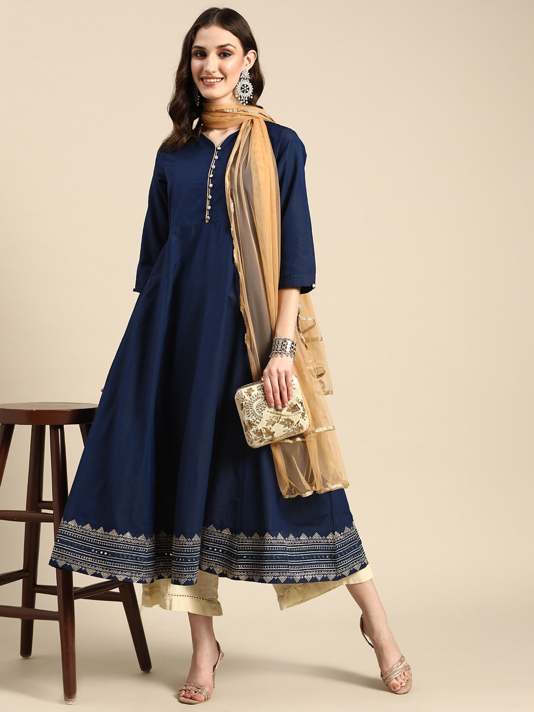 Sangria Women Navy Blue & Beige Embroidered Anarkali Kurta with Dupatta - Distacart