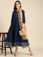 Thumbnail for Sangria Women Navy Blue & Beige Embroidered Anarkali Kurta with Dupatta - Distacart