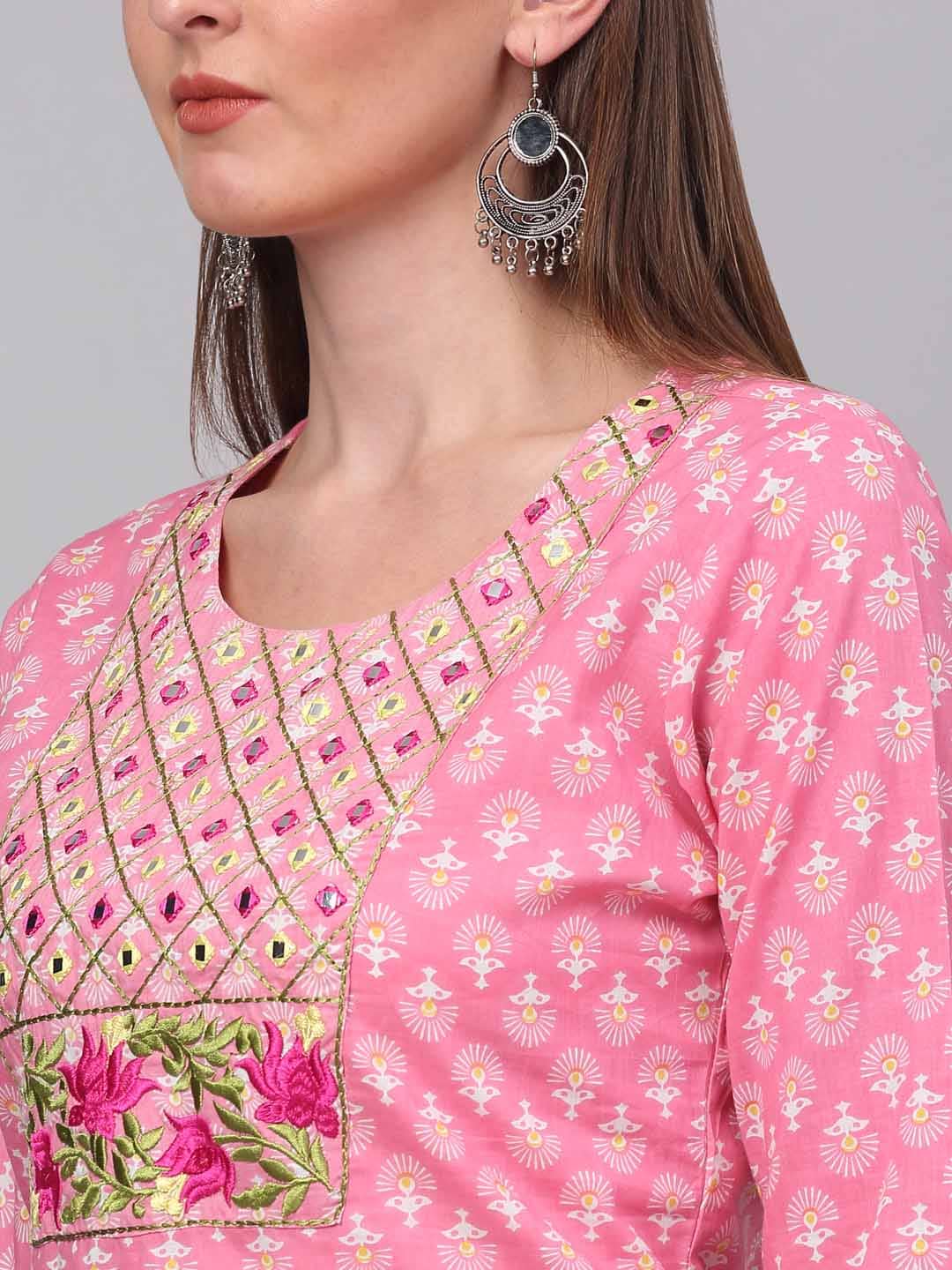 Kalini Women Pink Floral Printed Pure Cotton Kurta with Trousers & With Dupatta - Distacart