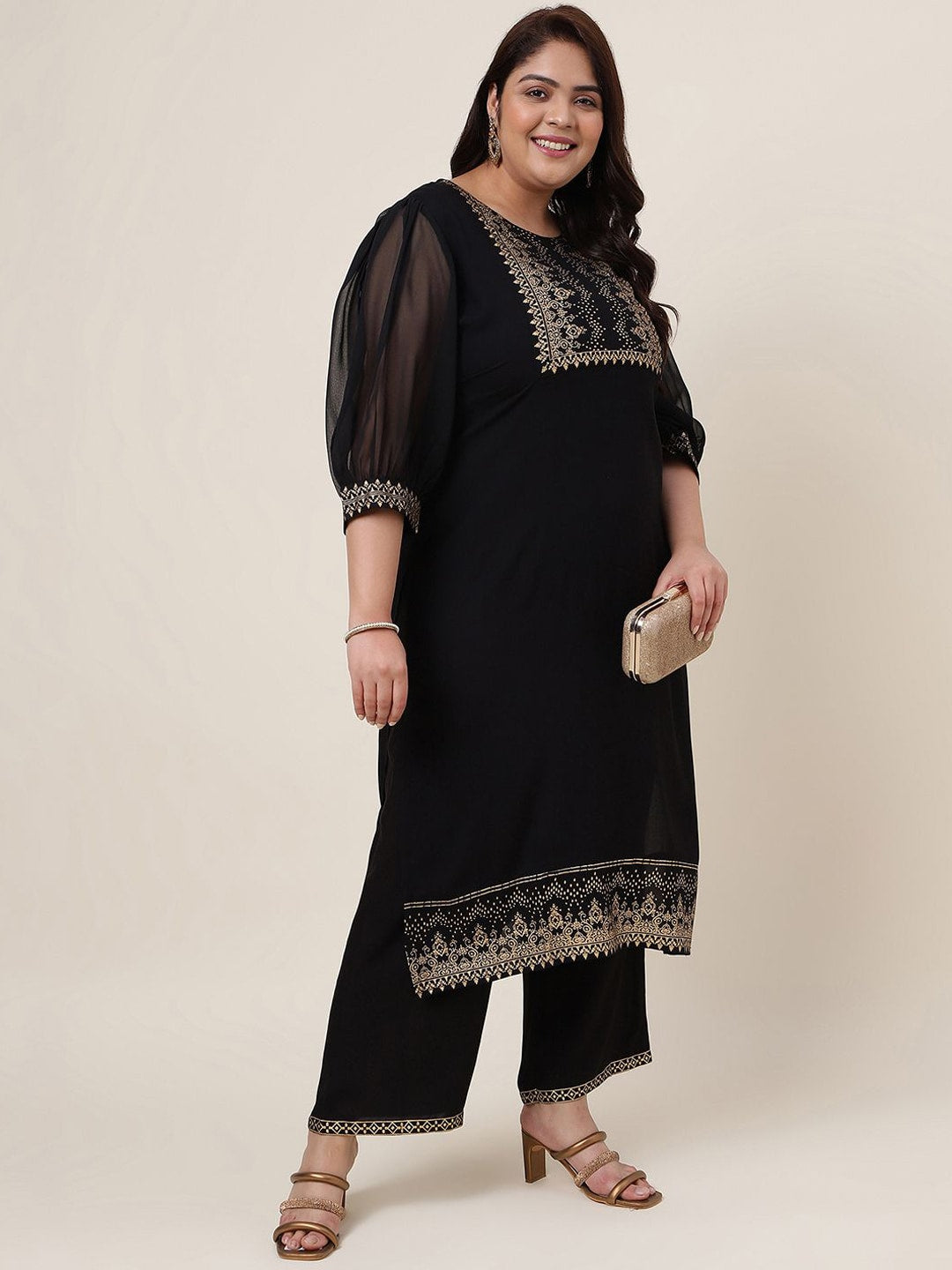 Kalini Ethnic Motifs Printed Puff Sleeves Silk Cotton Kurta - Distacart
