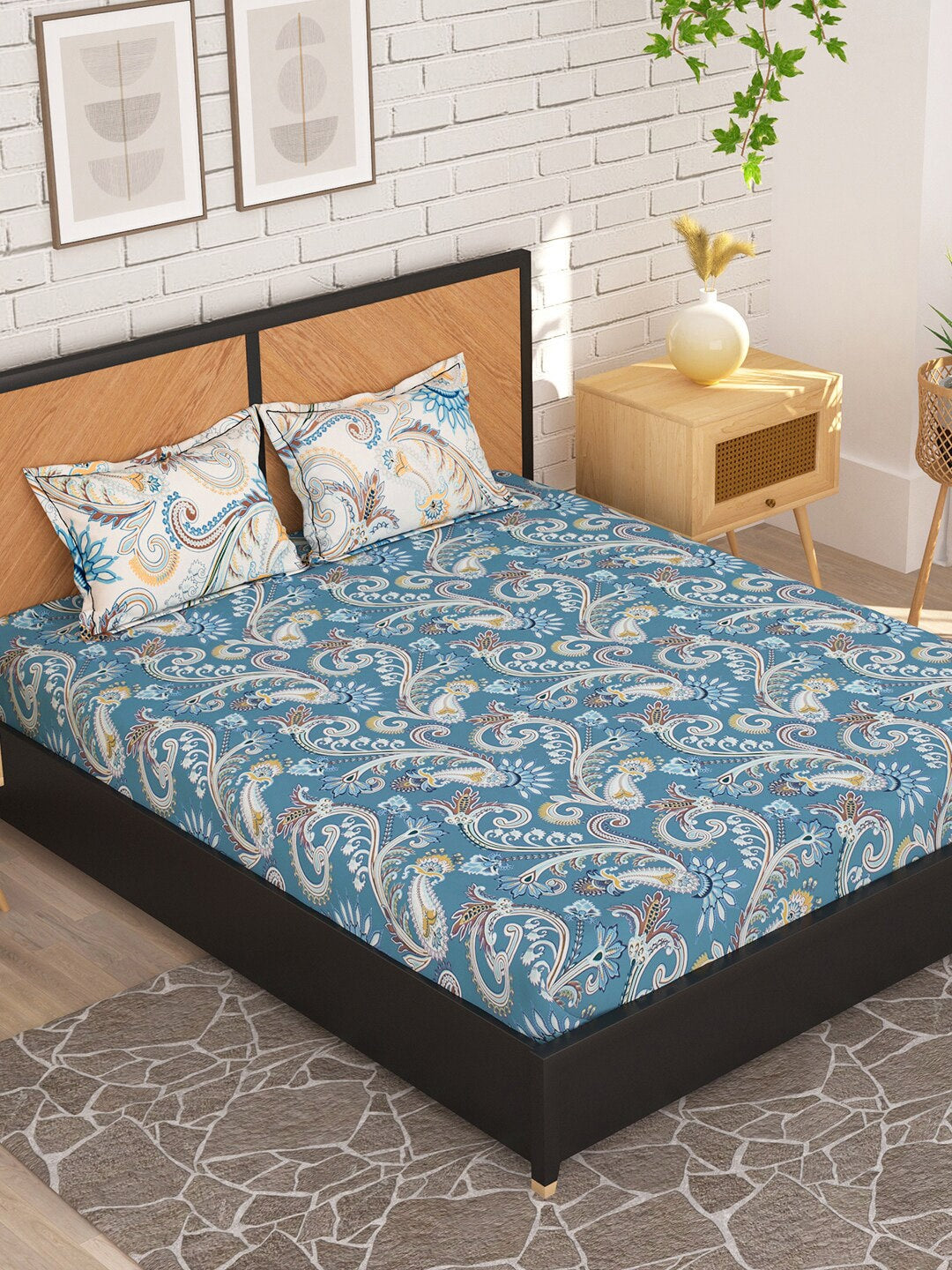 Story@home Blue & Cream-Coloured Ethnic Motifs 180 TC Queen Bedsheet With 2 Pillow Covers - Distacart
