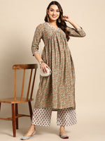 Thumbnail for Sangria Women Olive Green Floral Printed Empire Kurta with Trousers - Distacart