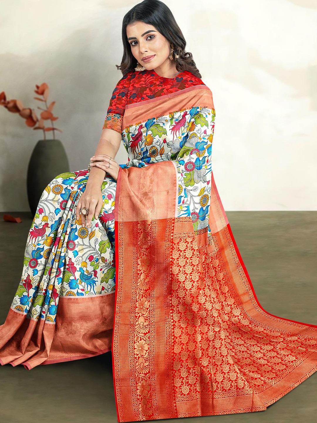 Kalamandir Floral Printed Zari Banarasi Saree - Distacart