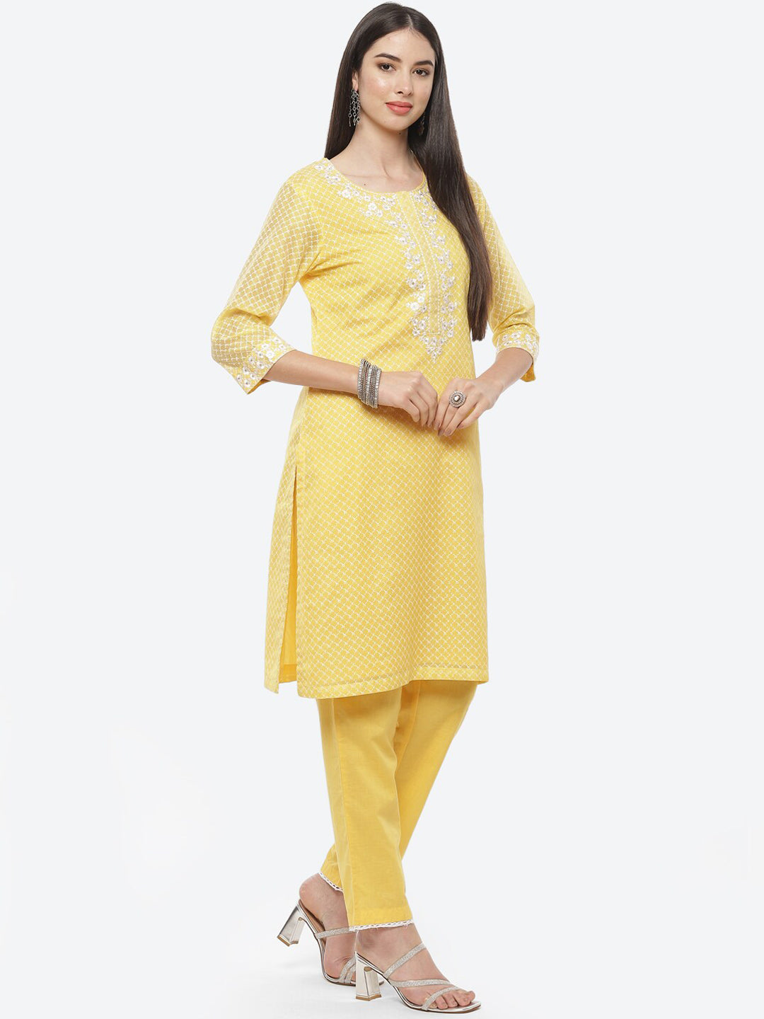 Biba Women Yellow Floral Embroidered Kurta with Salwar & Dupatta - Distacart