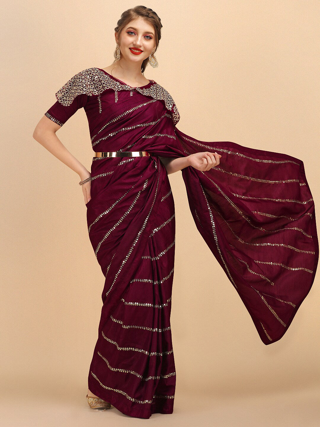 Sangria Women Burgundy Sarees - Distacart