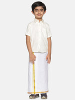 Thumbnail for Sethukrishna Boys Cream-Coloured & Gold-Toned Pure Cotton Shirt with Dhoti - Distacart