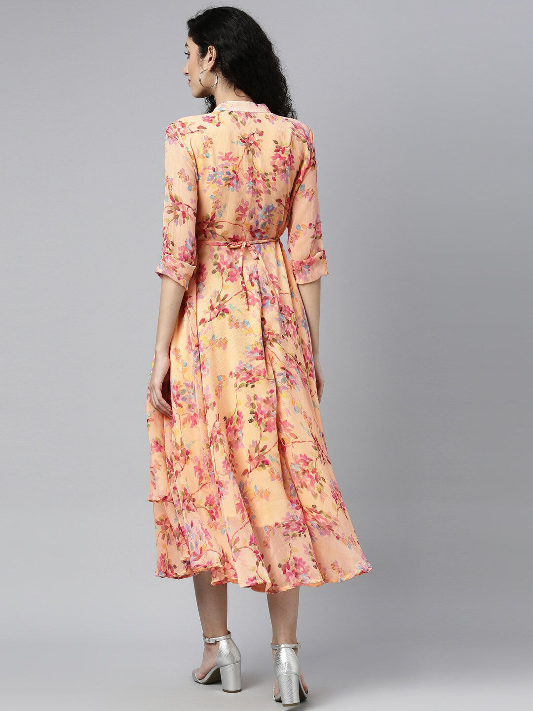 Souchii Peach-Coloured Floral Layered Chiffon Beautiful A-Line Midi Dress - Distacart