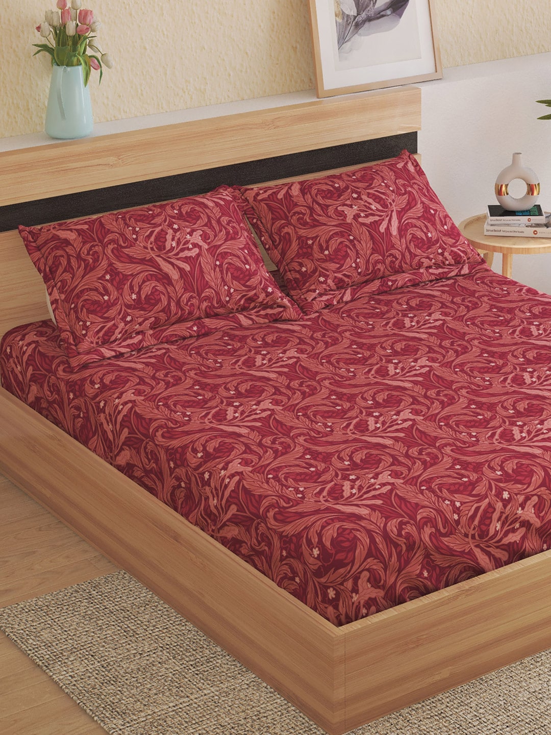 Home Centre Red Ethnic Motifs Cotton 150 TC King Bedsheet With 2 Pillow Covers - Distacart