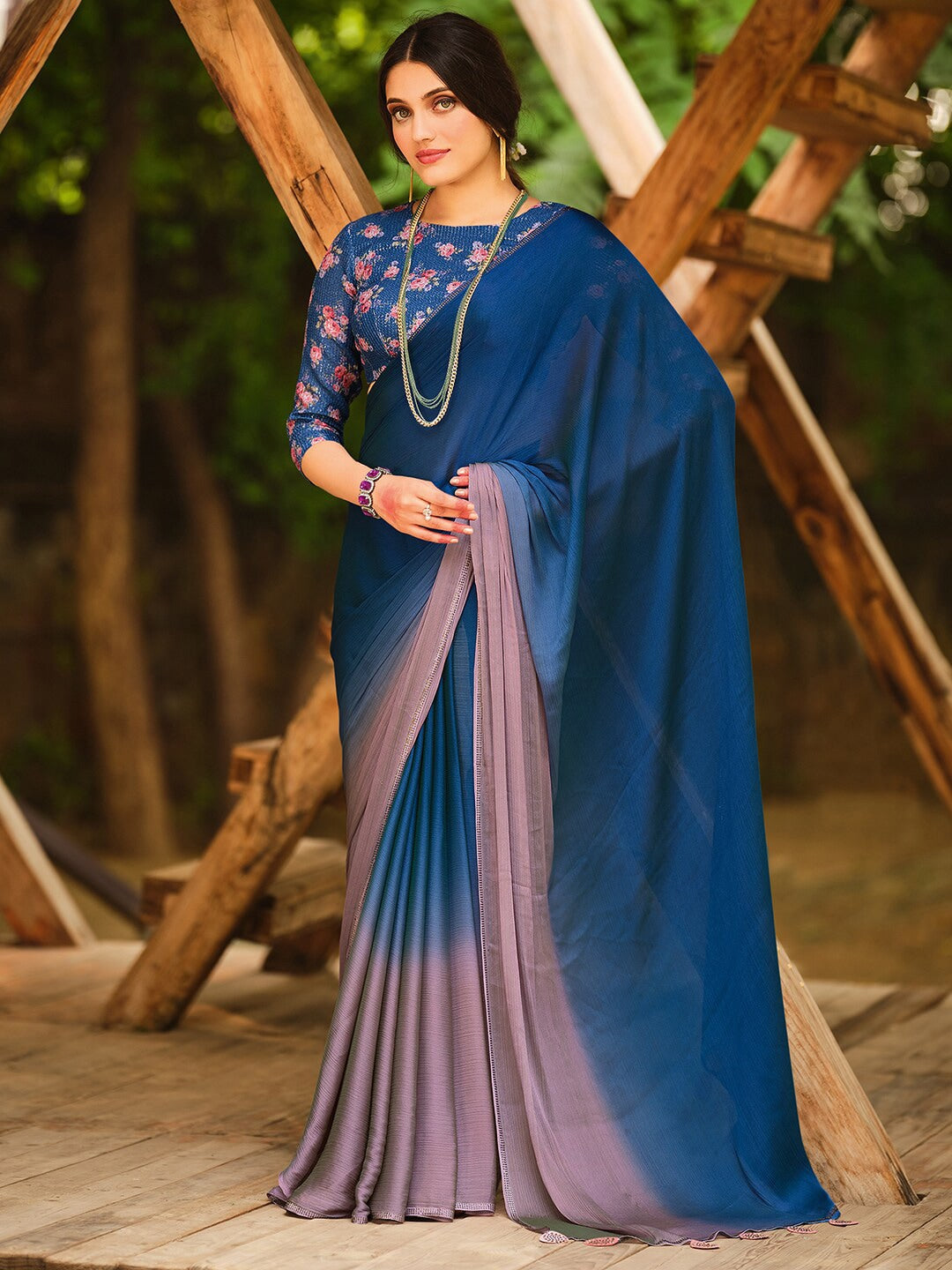 Saree Mall Blue & Mauve Ombre Dyed Sarees - Distacart