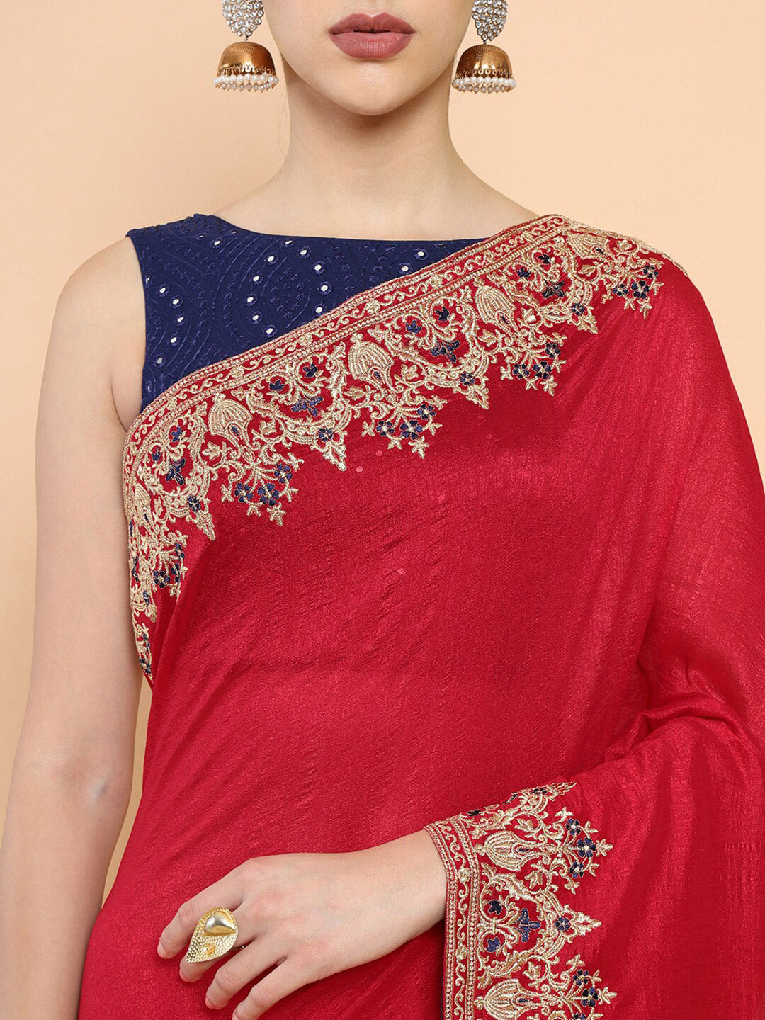 Soch Maroon & Black Floral Embroidered Silk Blend Saree - Distacart