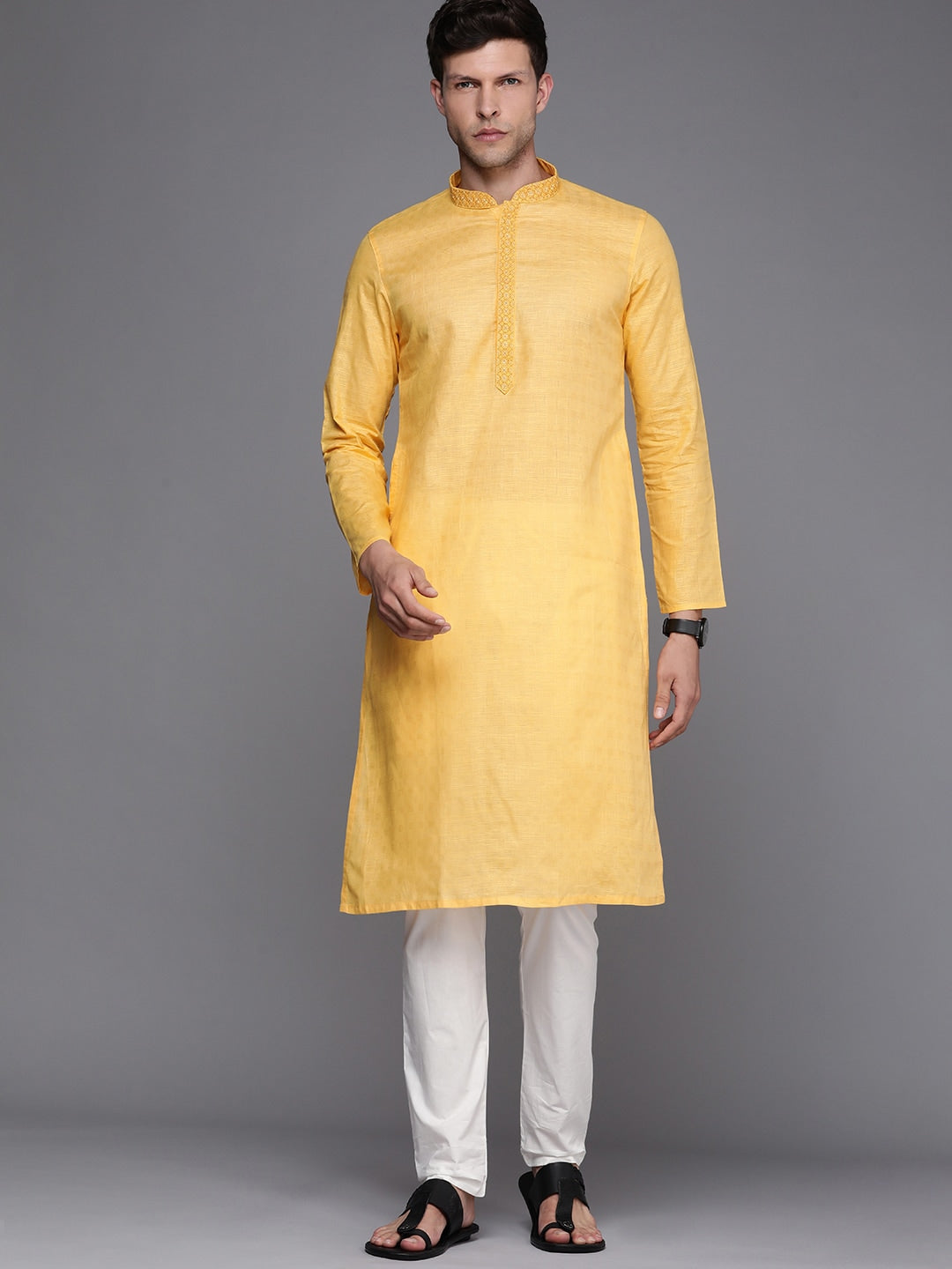 Manyavar Men Yellow & White Solid Pure Cotton Kurta with Pyjamas - Distacart