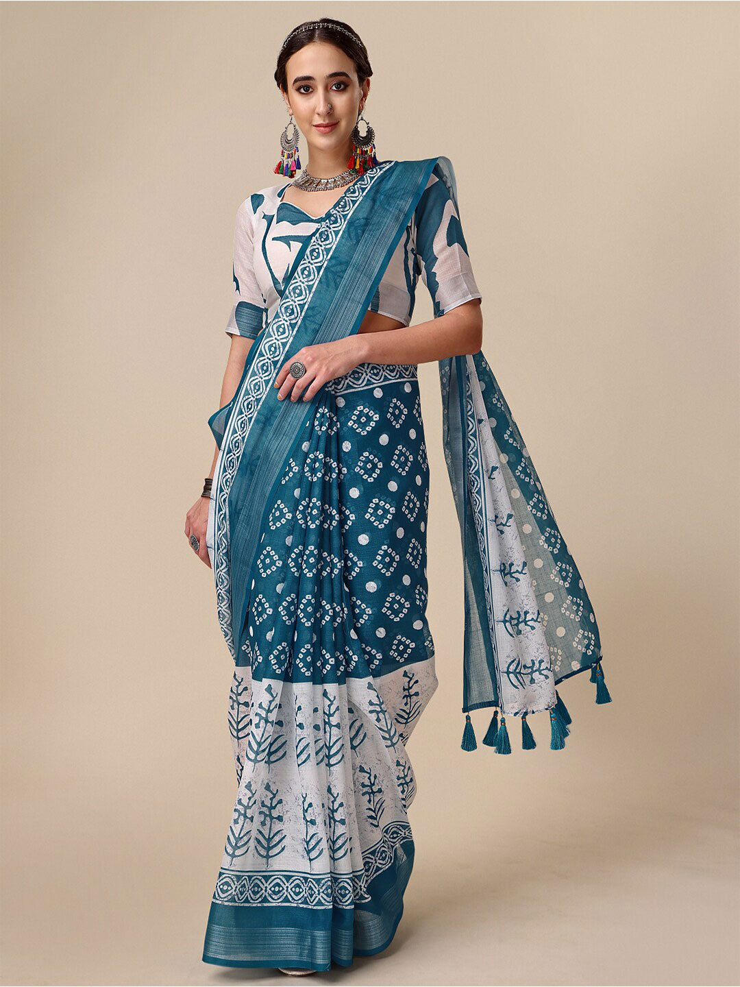 Sangria Teal & White Floral Printed Pure Linen Saree - Distacart