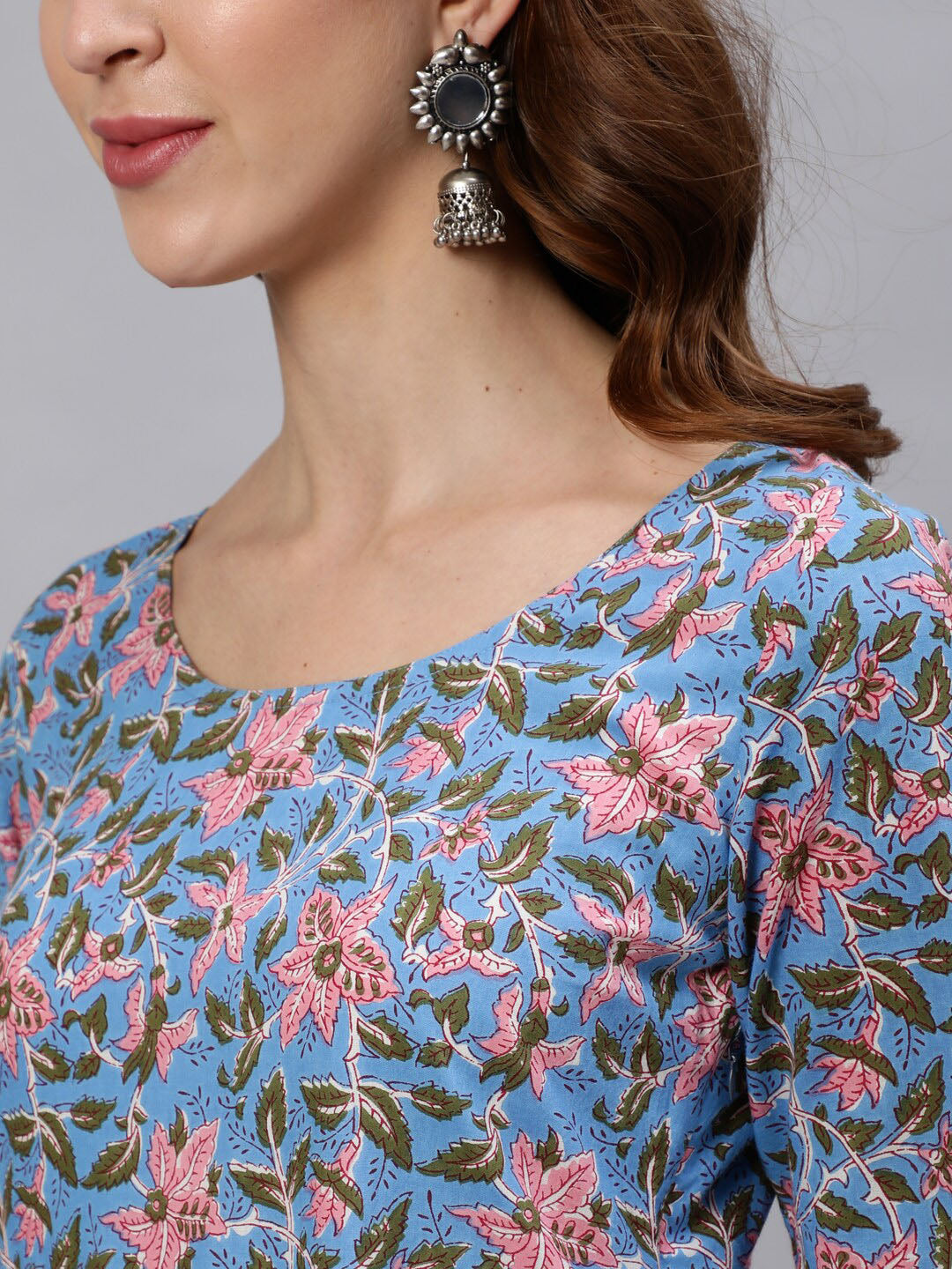 Jaipur Kurti Women Blue Floral Printed Cotton Anarkali Kurta - Distacart