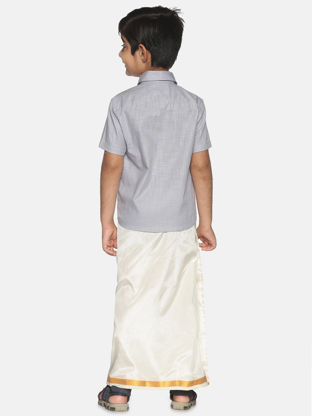 Sethukrishna Boys Grey & White Pure Cotton Shirt With Veshti Set - Distacart