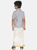 Thumbnail for Sethukrishna Boys Grey & White Pure Cotton Shirt With Veshti Set - Distacart
