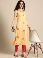 Thumbnail for Sangria Women Yellow Floral Embroidered Sequinned Kurta with Trousers - Distacart